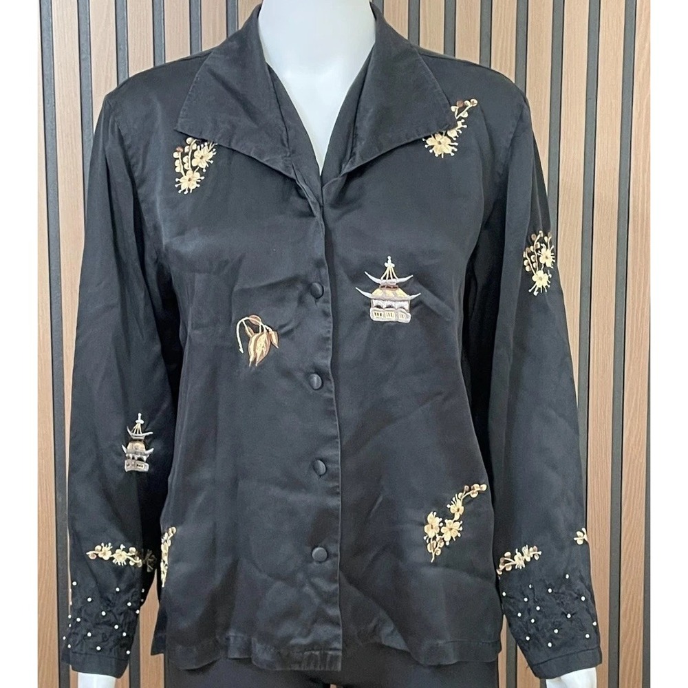 WinterSilks Women's M‎ Black Button-Up Silk Shirt Floral Embroidered Chic Boho